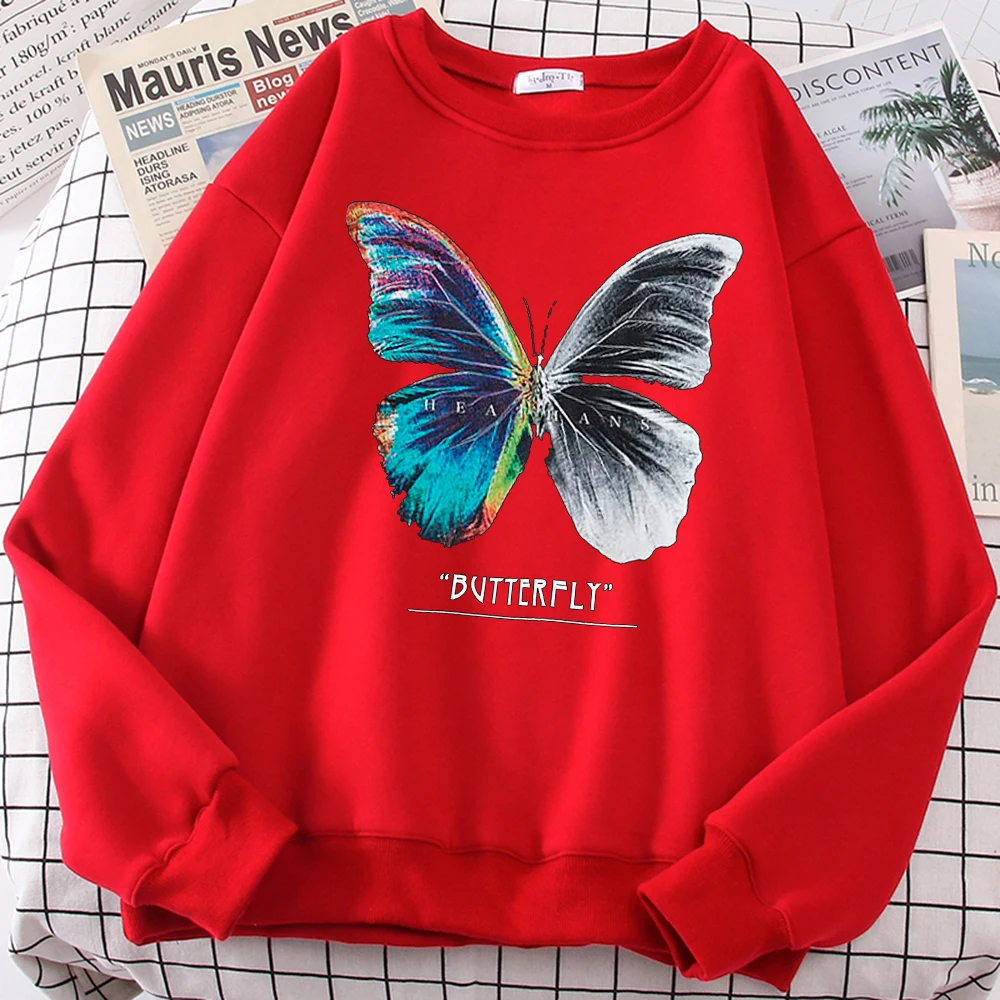 Casual Street Women\'S Pullover Butterfly Half Color Half Black And White Print Hoody Comfortable Sweatshirts Loose Soft Tops