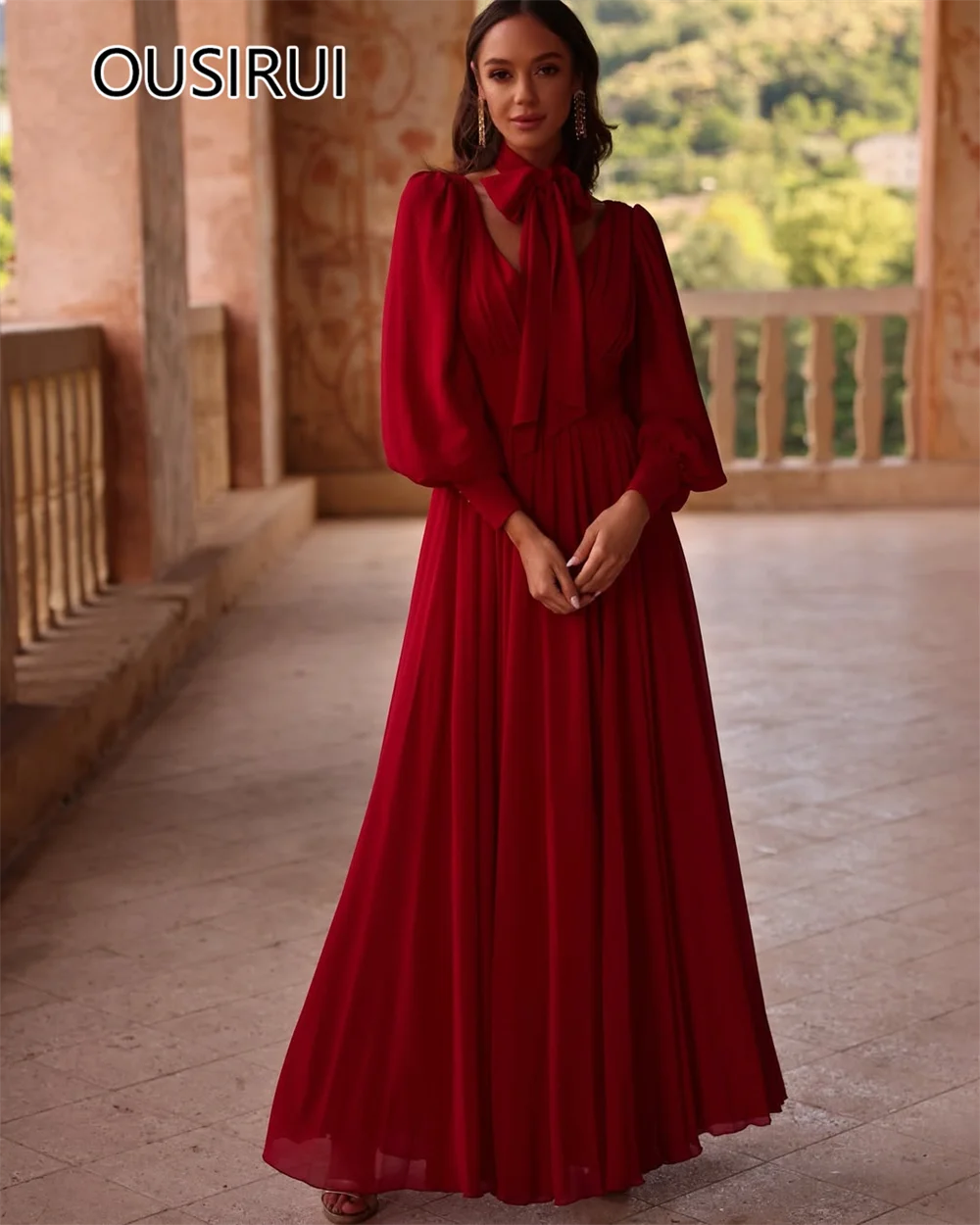 Robe de soirée trapèze en mousseline de soie à col en V pour femmes, longueur au sol, dos nu, court fluide, robe de soirée de Rh, manches longues, occasion spéciale