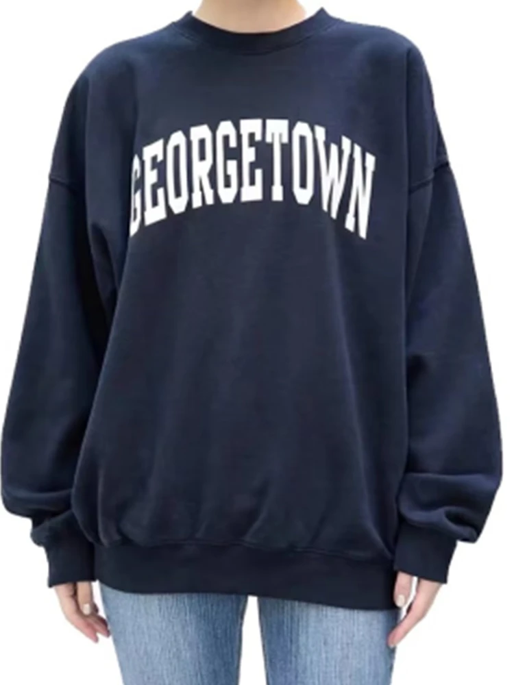 Casual Women GeorgeTown Printed Sweatshirts 2023 Fall Fashion O Neck Long Sleeves Sweatshirts Female Loose Pullovers