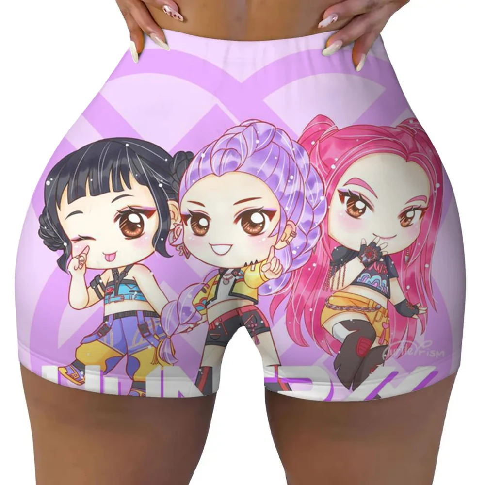 Summer Womens Tight Shorts Broken K-pop Demon HuntersPrinting Fitness Short Pantsstretch Soft Thin Female Sport Swear
