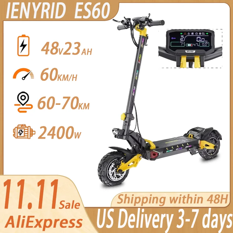 IENYRID ES60 E-Skateboard 2400 W Dual Motor 48 V 23 Ah Wasserdichtes Design Elektroroller 11 Zoll Reifen Praktischer City-E-Scooter