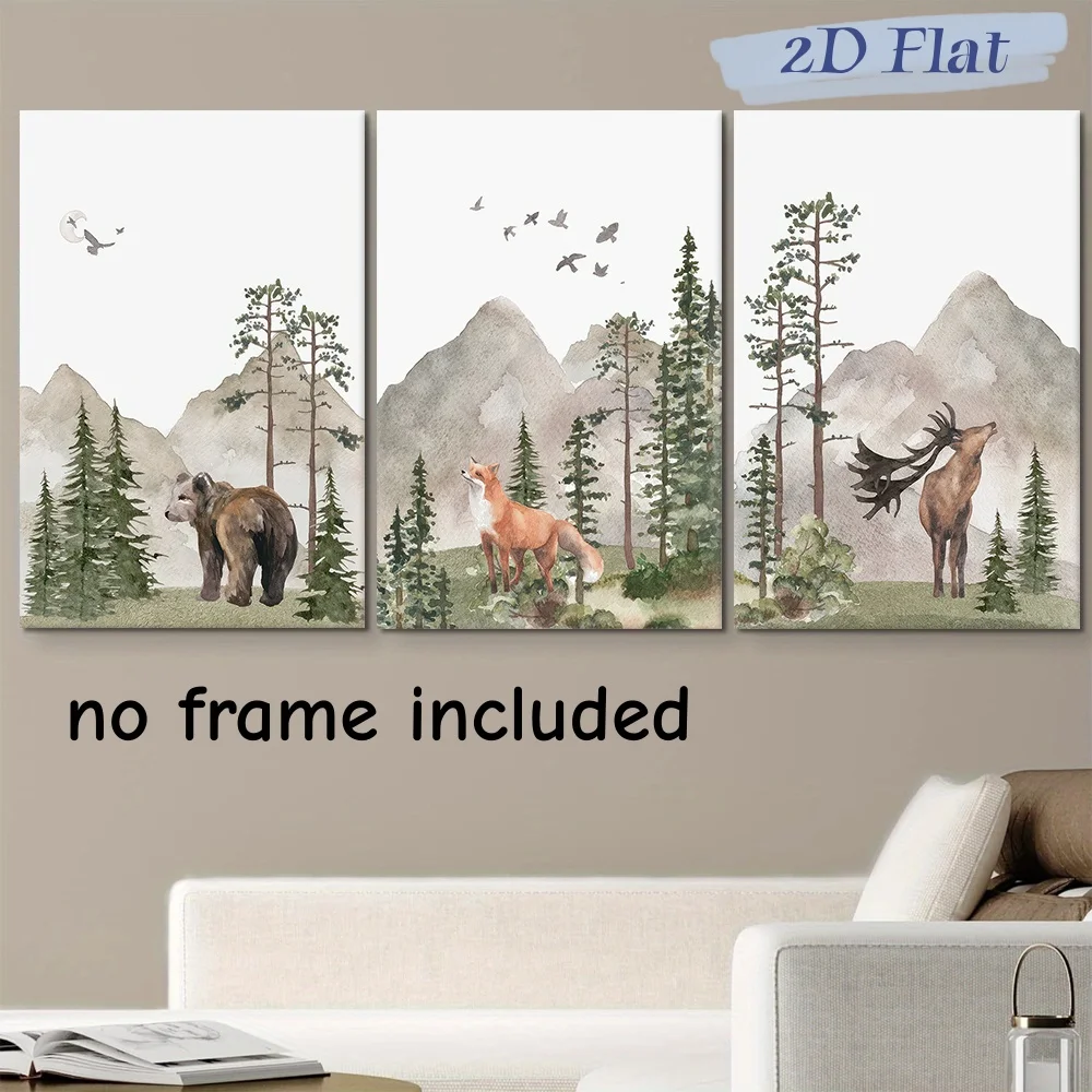 3-piece set of Nordic style forest animal canvas hanging paintings for children's rooms, bedroom wall decorations, bears and pin