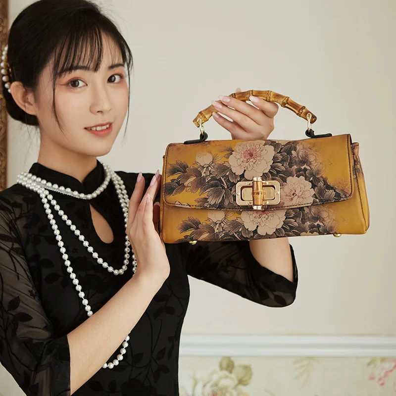 Johnature Cheongsam Leather Handbag 2024 New Vintage Print Women Bag Handmade Elegan Ladies Shoulder & Crossbody Bags