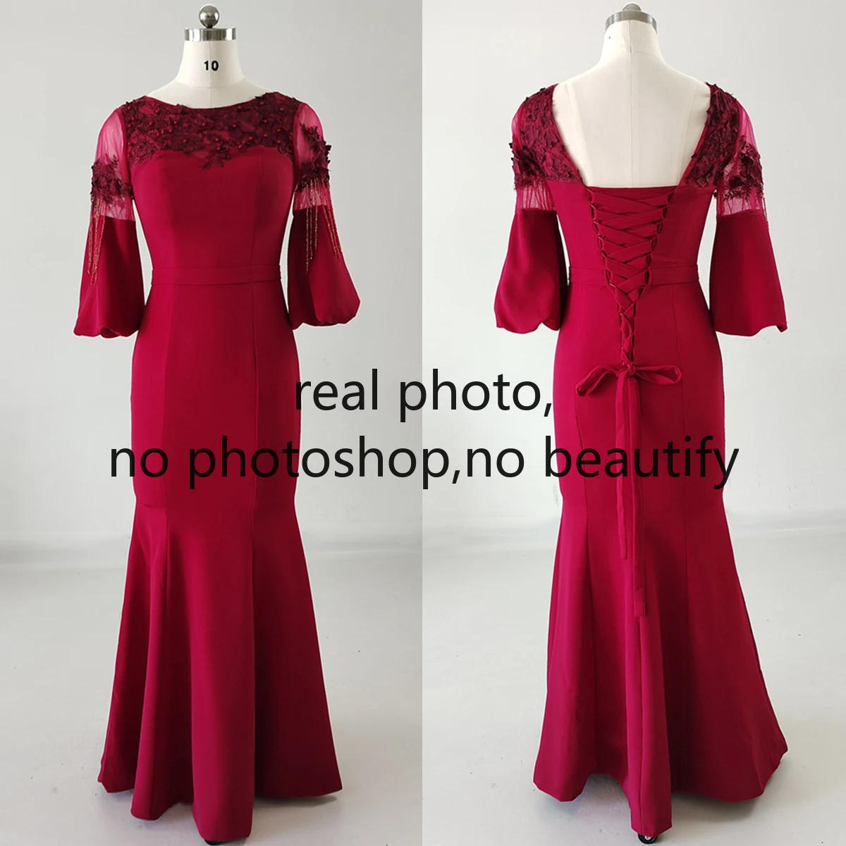 

Real Photo Evening Dresses Burgundy Appliques O-Neck Half Sleeves Zipper Mermaid Floor Length Plus size Women Party Formal Gown