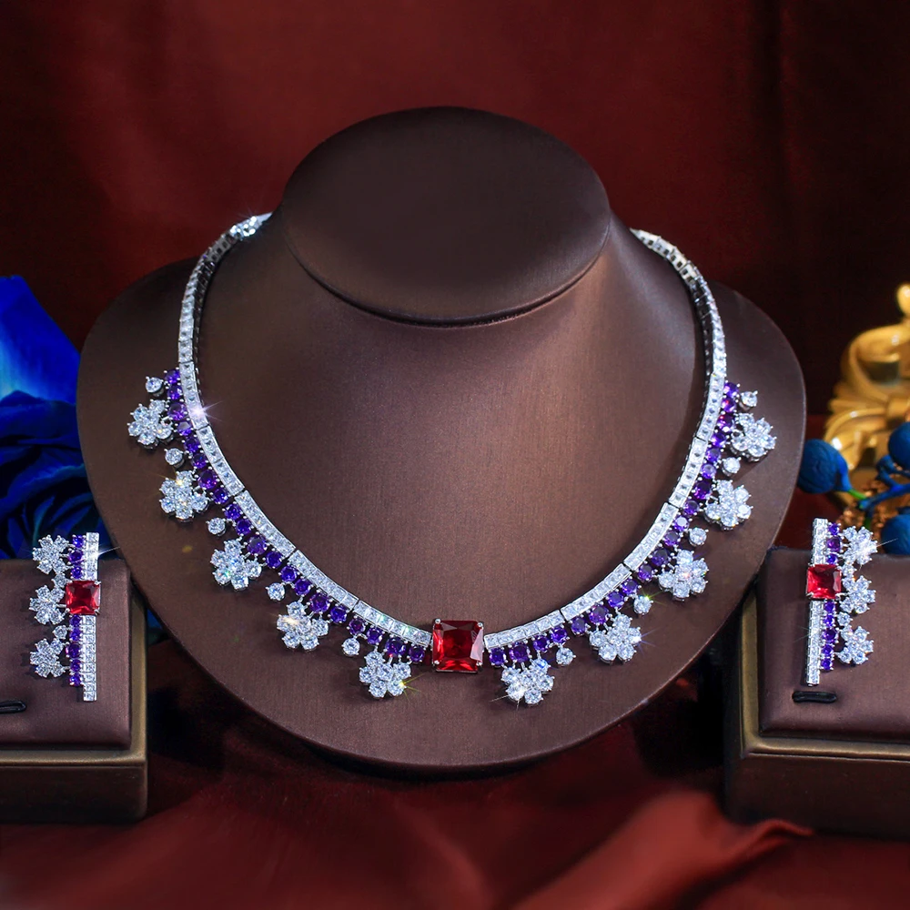 

ThreeGraces Luxury Sparkling Purple and Red Square Zirconia Flower Shape Bridal Wedding Necklace Jewelry Set for Women T1096