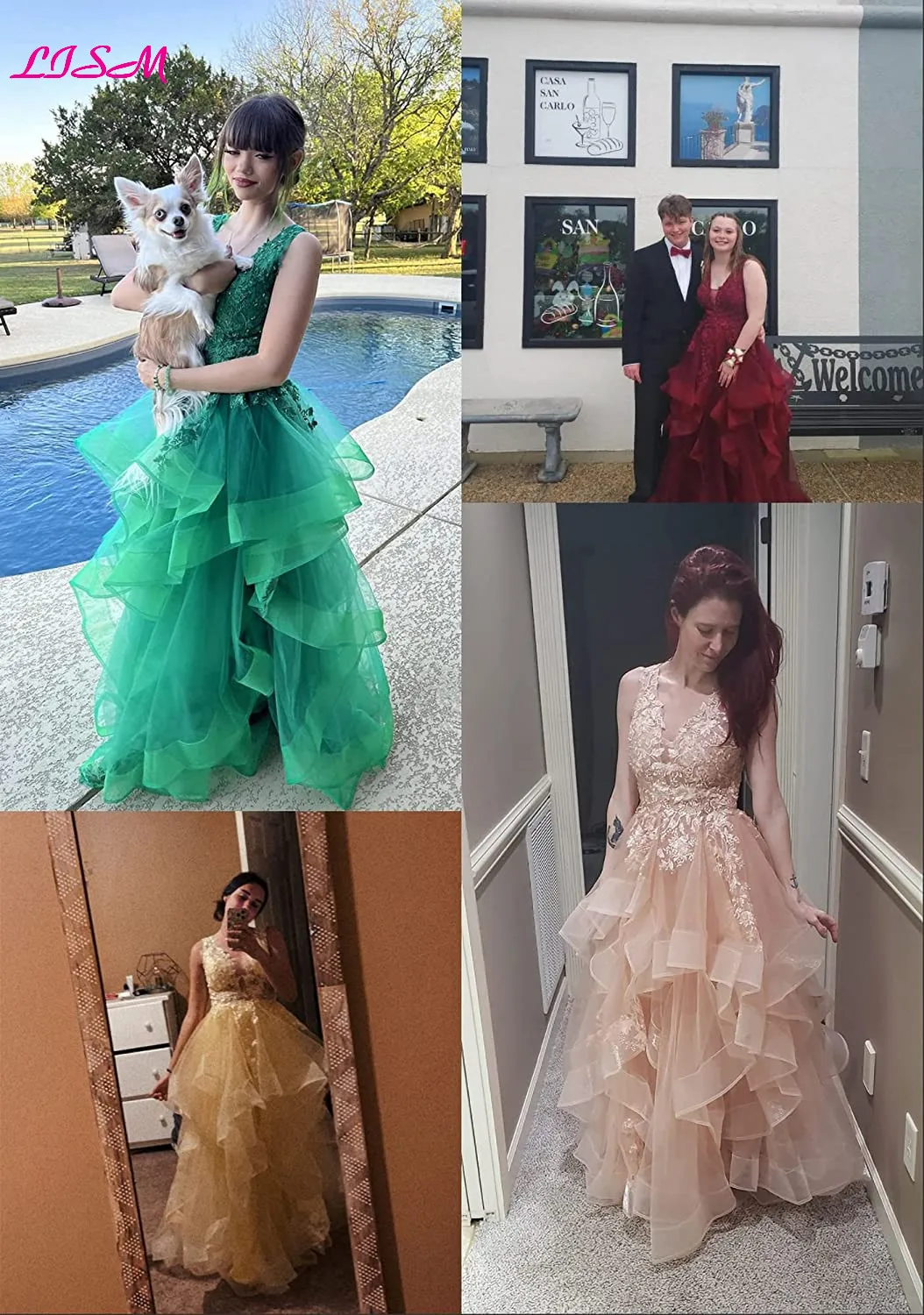 Gaun Prom Putri Gaun Pesta Wanita Elegan Panjang Berbulu Lapisan Bola Gaun Malam Formal V-Neck Tulle Renda Applique