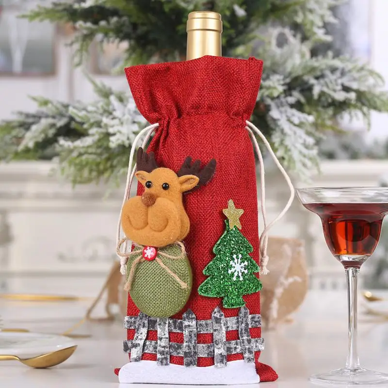 Christmas ornament burlap snow cartoon drawstring wine bottle set lattice doll wine bottle bag