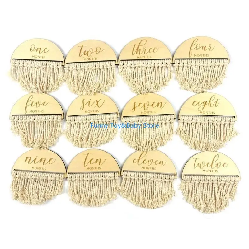 

C90B 12 Pcs Newborn Monthly Growth Recording Milestone Card Handmade Tassels Wooden Teether Birth Commemorative Cards