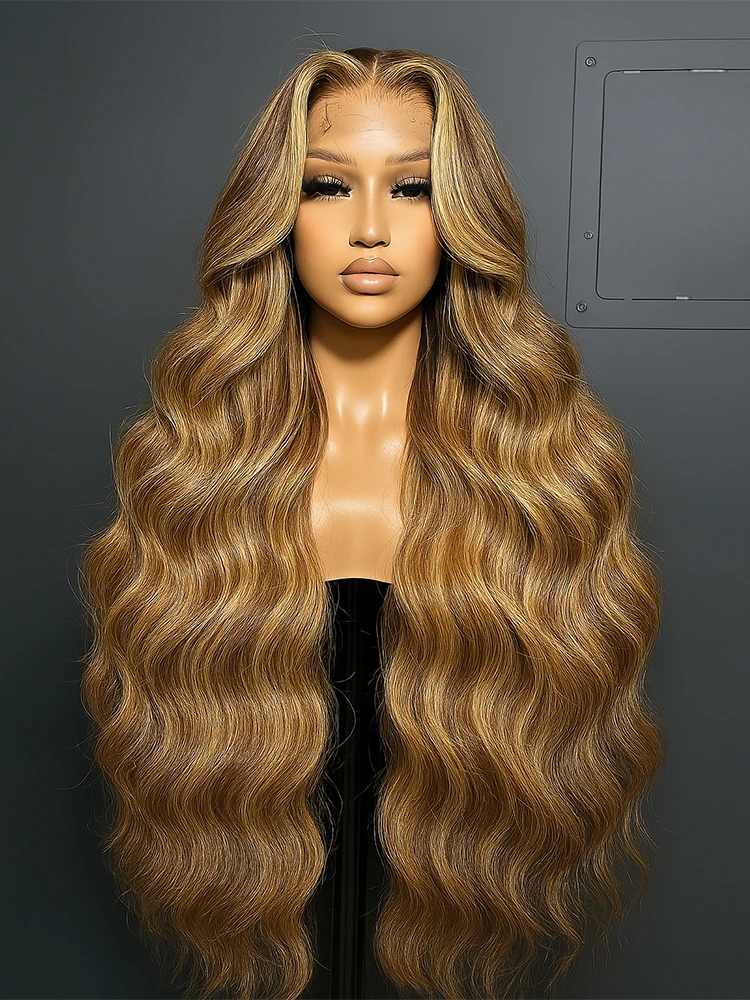 

30 Inch Ombre Highlight Body Wave Lace Front Wigs Human Hair 13X4 HD Transparent 4/27 Colored Honey Blonde Frontal Wig For Women