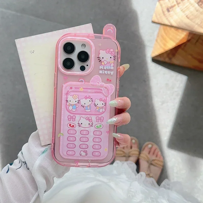 3D Cute Cartoon Sanrio Hello Kitty Card Wallet Pocket Phone Case For iPhone 15 14 13 12 11 Pro Max Clear Soft TPU Cover