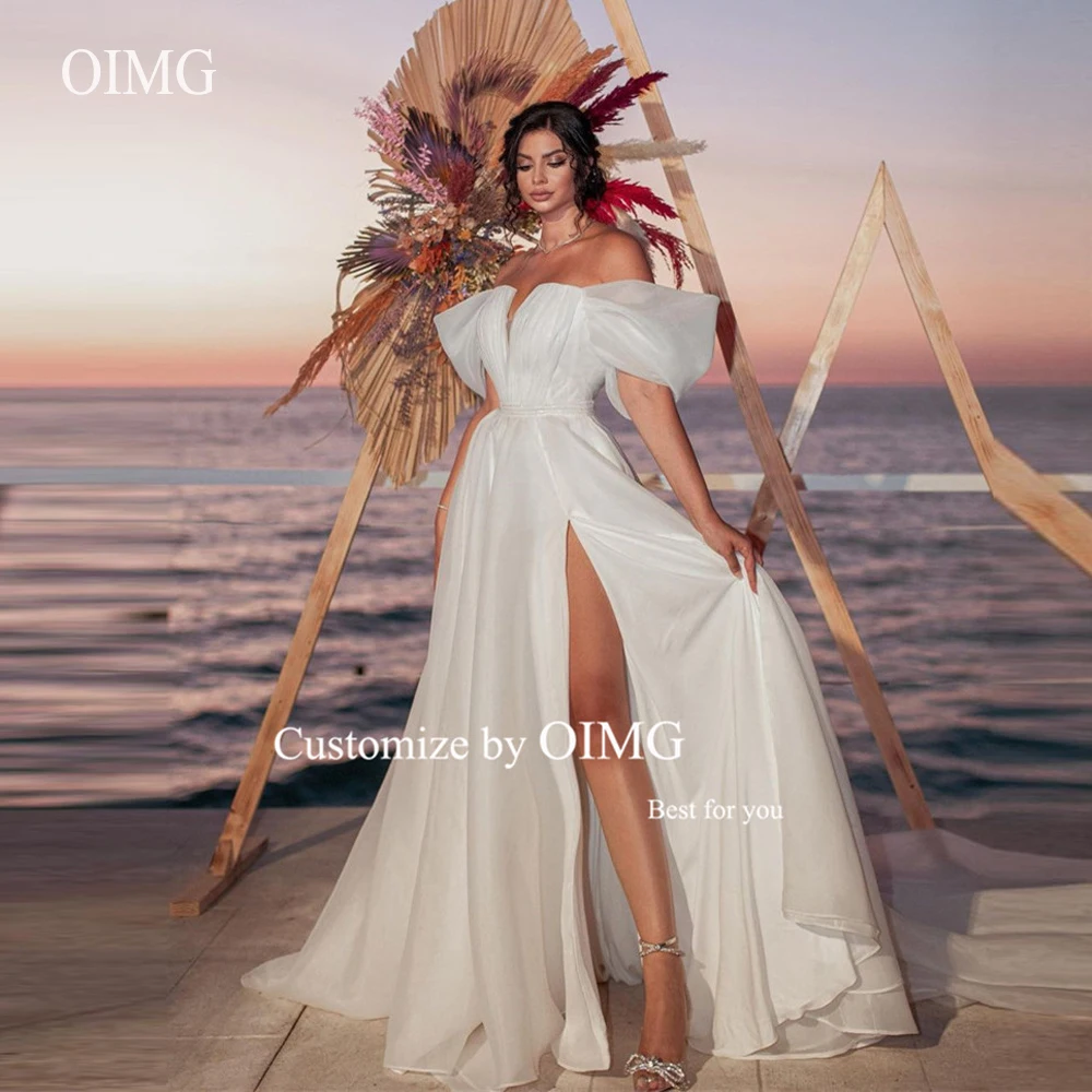 

OIMG Sexy Off the Shoulder Silk Organza A Line Wedding Dresses Beach Sleeves Split Floor Length Bridal Gowns Robe de mariage