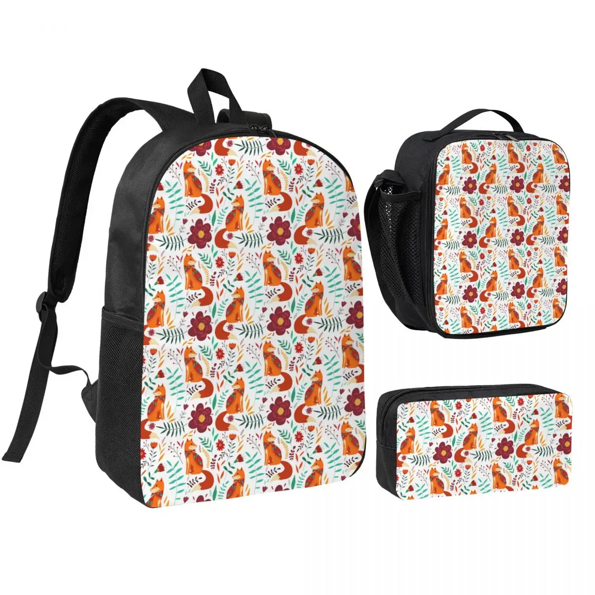 Foxes And Flowers With Plant Backpack Student BookBag School Bag Shoulder Bags 3ps Insulated Lunch Bag Pencil Case