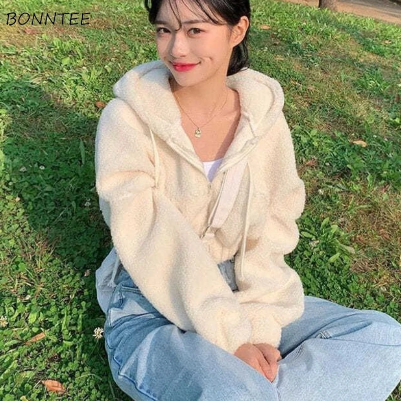 Hoodies Women Zip-up Casual All-match Solid Sweet Gentle Korean Fashion Simple Cropped Cozy Spring Female Clothing Y2k Popular