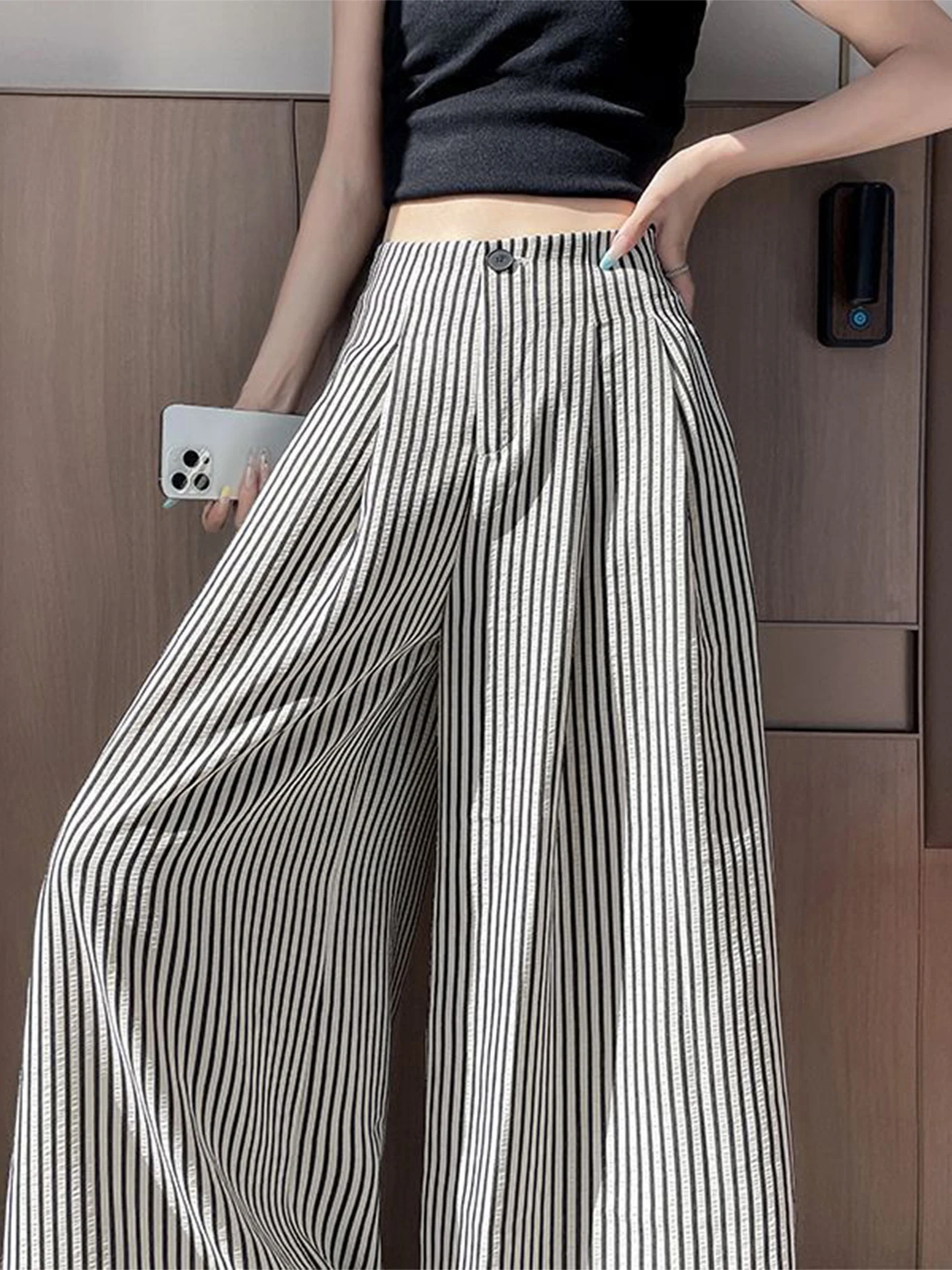 スリムハイウエストストライプワイドレッグパンツ レディース 夏 薄手 コットンリネン スーツ ストレートレッグパンツ ドレープカジュアルパンツ