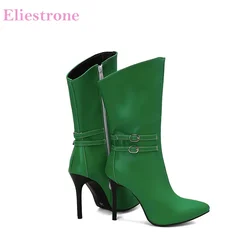 2024 New Winter Mature Green Black Women Mid Calf Boots Fashion 4 Inch High Stiletto Heels Lady Shoes Plus Big Size 11 43 45 48