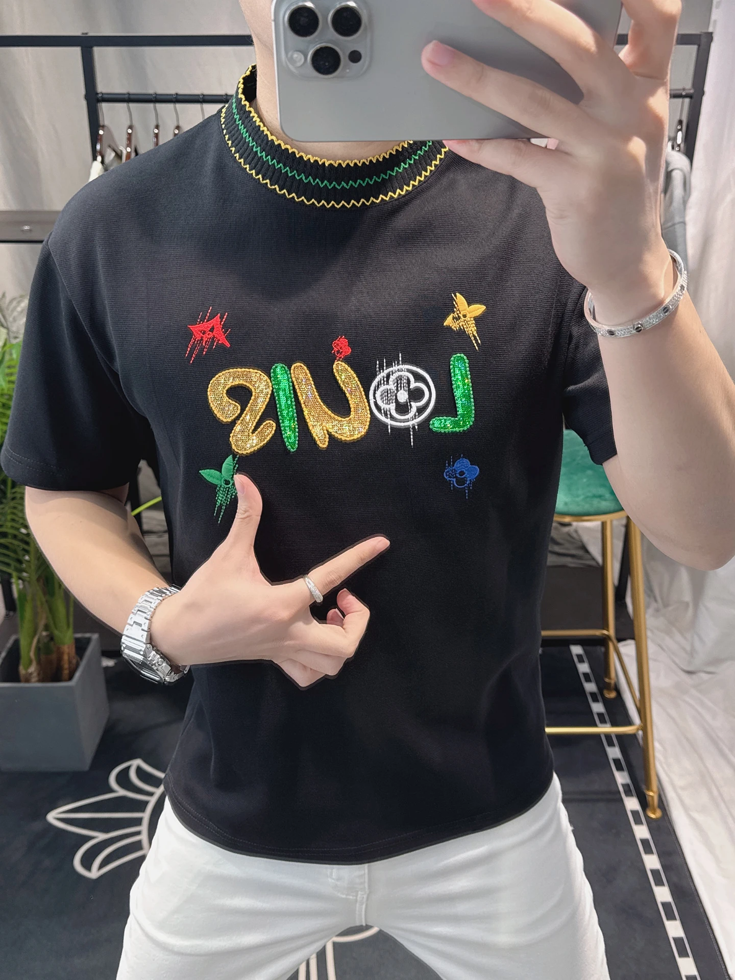 

Мужская летняя футболка American Sport с вышивкой букв и пайетками, круглый вырез, дышащая, повседневная, с дизайнерским акцентом