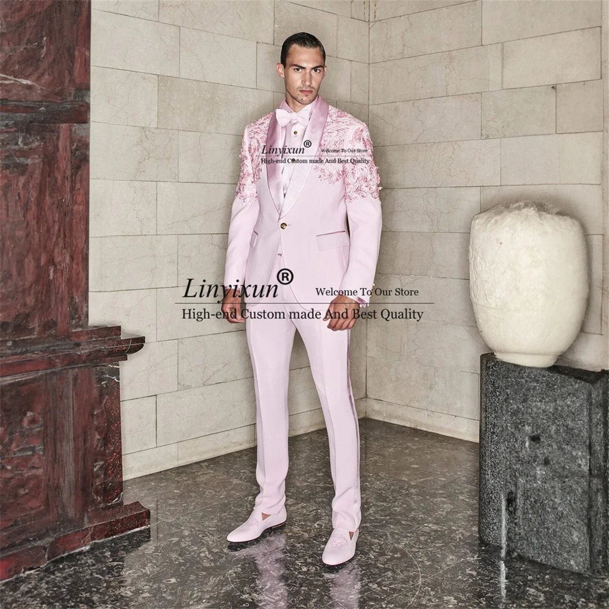 

Pink Appliques Men Suits Shawl Lapel Wedding Groom Tuxedos Beaded Slim Fit Male Prom Party Blazers 2 Pieces Sets Costume Homme
