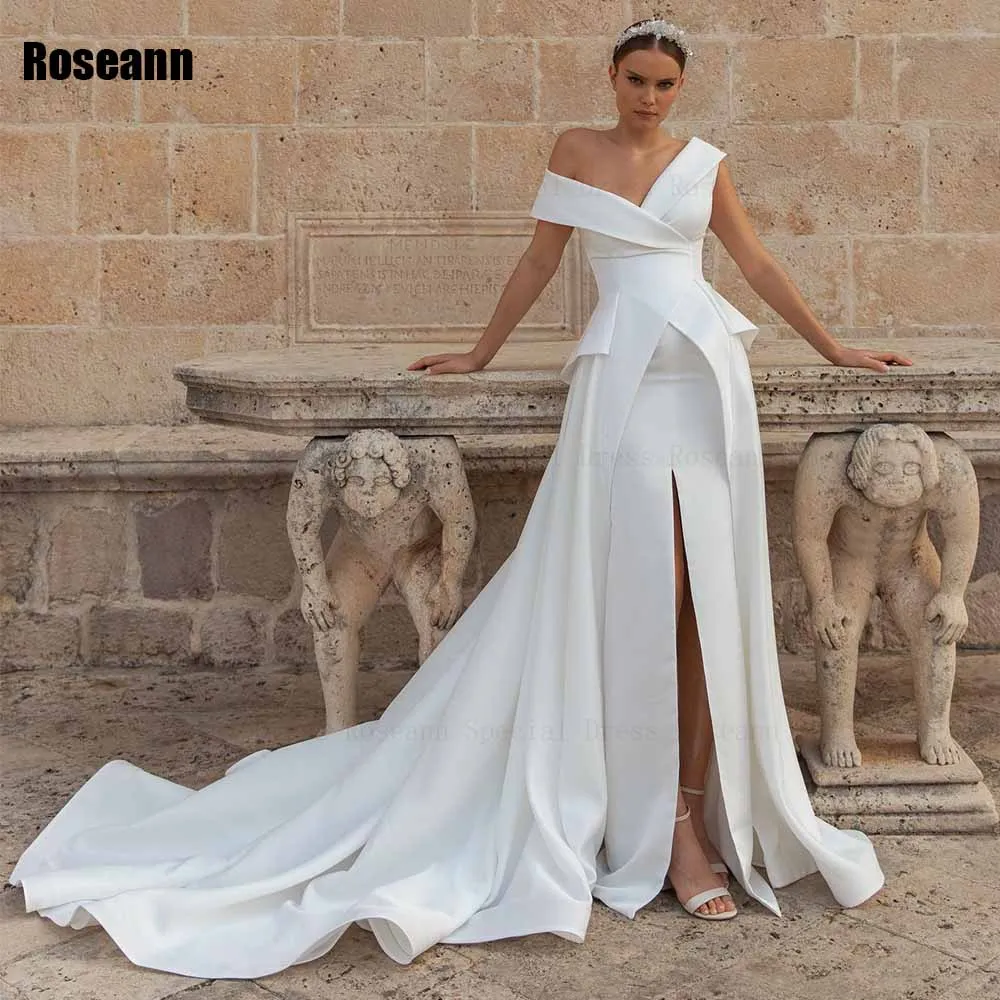 

Exquisite A-line Wedding Dress Front Split Off-The-Shoulder Open Back Draped Pleat Bride Dresses Floor Length robe de mariée