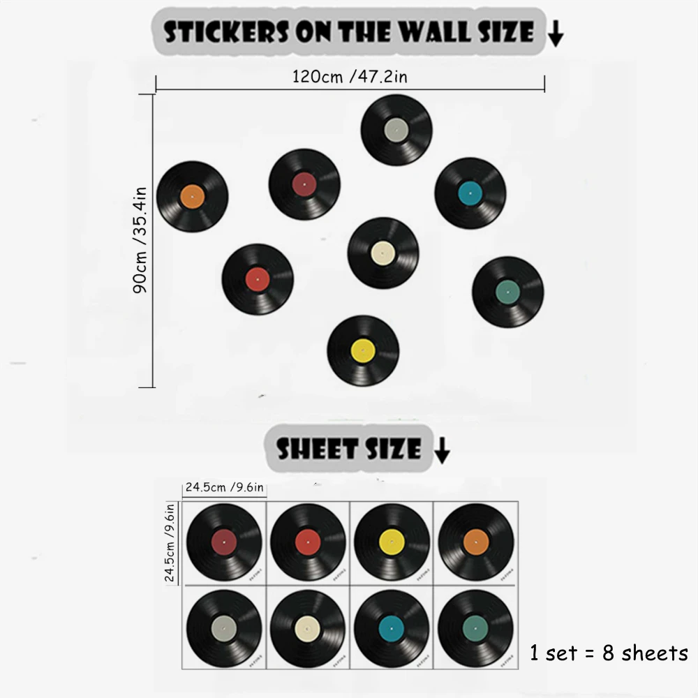 Retro Vinyl Record Wall Stickers, 8Pcs Vintage Music LP Decals, Removable DIY Mural for Living Room Bedroom Bar Studio Decor view 5