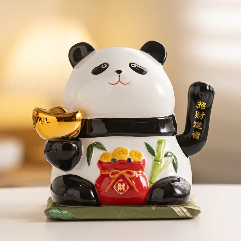 6 Inch Ceramic Beckoning Panda Figurine with Gift Box and Elegant Cushion, Battery-Powered Waving Hand Fortune Panda Ornament