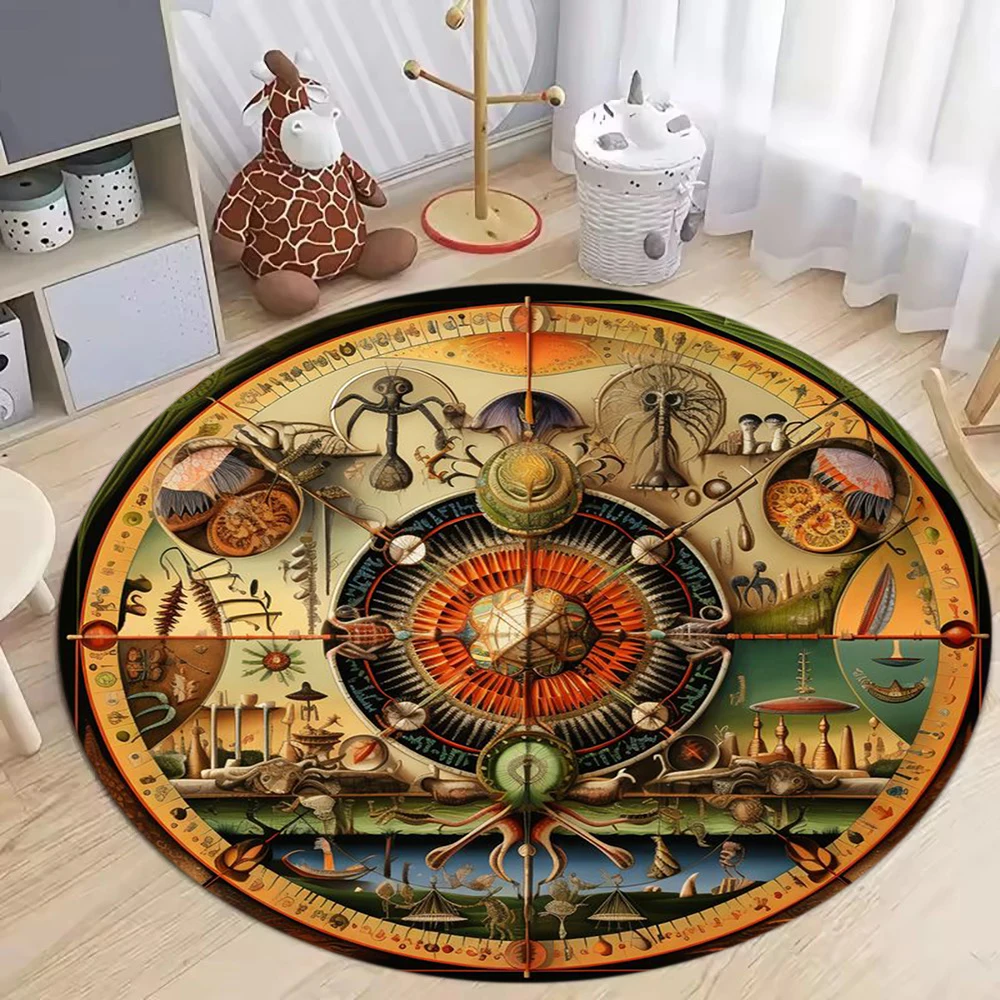 Vintage Mystical Mandala Round Rug with Ancient Map Celestial Symbols in Rich Colors for Bohemian Living Room Bedroom Carpet