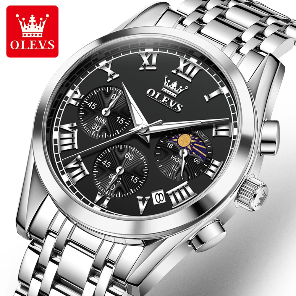 OLEVS 2871 ساعة رجالية ماركة فاخرة ساعة كوارتز أصلية للرجال كلاسيكي مرحلة القمر كرونوغراف مقاوم للماء ساعات رجالية مضيئة
