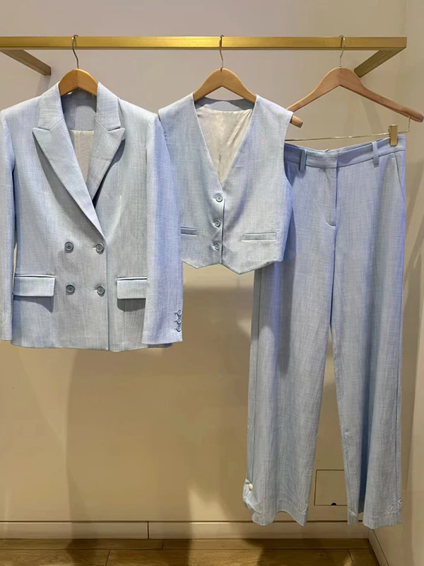 

Spring Summer New Arrival Slim Fit Blue Double Breasted Suit Jacket Commute Ready High Waist Pants And Vest Three Piece Set