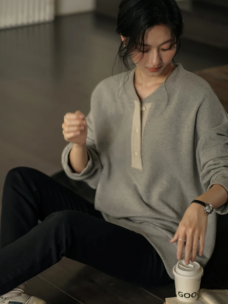 

Корейский свободный свитшот с круглым вырезом для женщин, весна 2026, модный повседневный хлопковый топ с длинными рукавами, цветные блоки