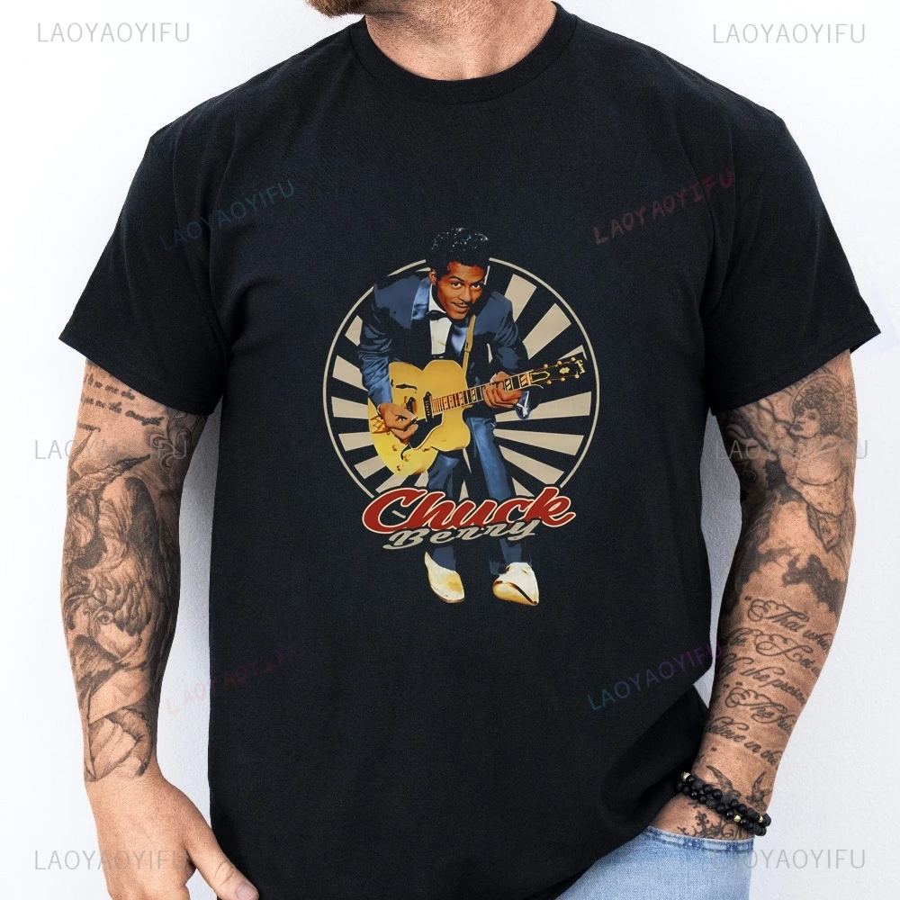 Fashionable Retro Chuck Berry Rock Guitarist Trend Harajuku Short-sleeved Unisex Shirt Pattern Round Neck T-shirt