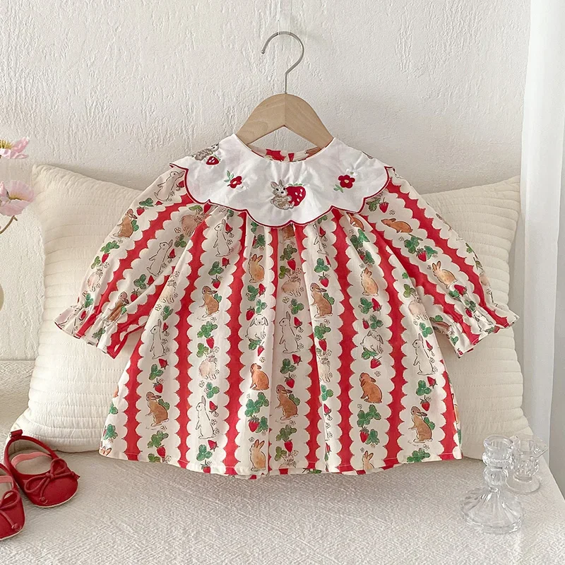 2026 New Spring 2-6Yrs Baby Girl Party Dress Long Sleeved Cotton Print Kids Princess Dresses Children Clothes Sister Dress