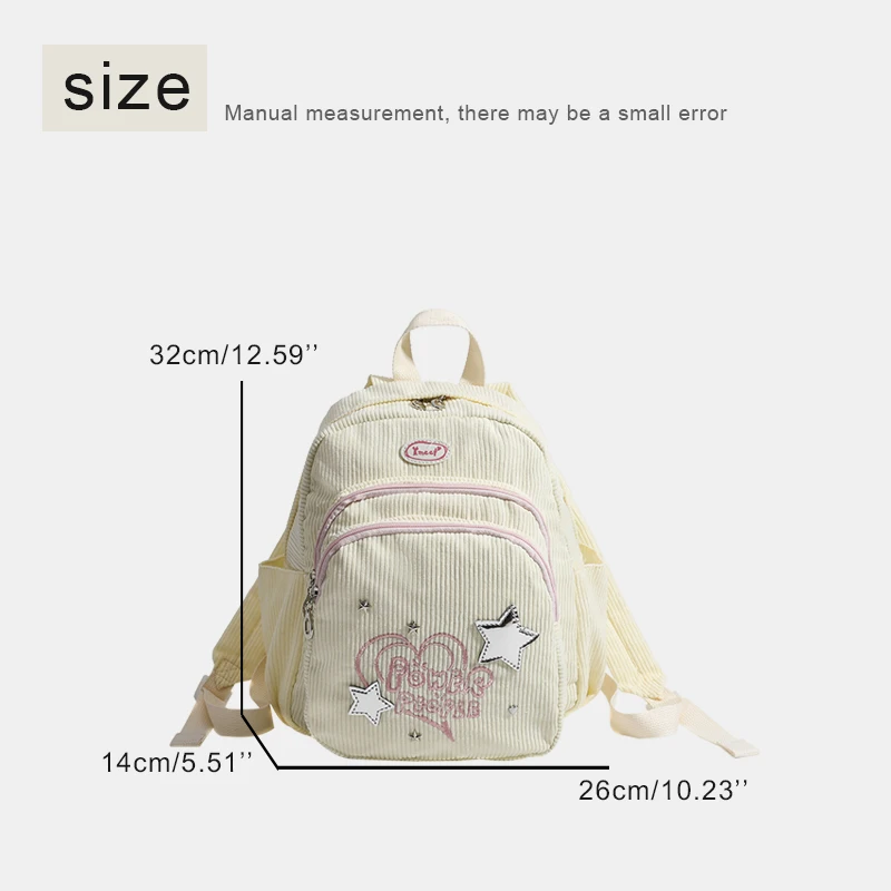 Korean Fashion Backpacks Women Luxury Designer Handbags Purses 2024 New In Corduroy Star Letter Embroidery Heart Cloth Shoulder