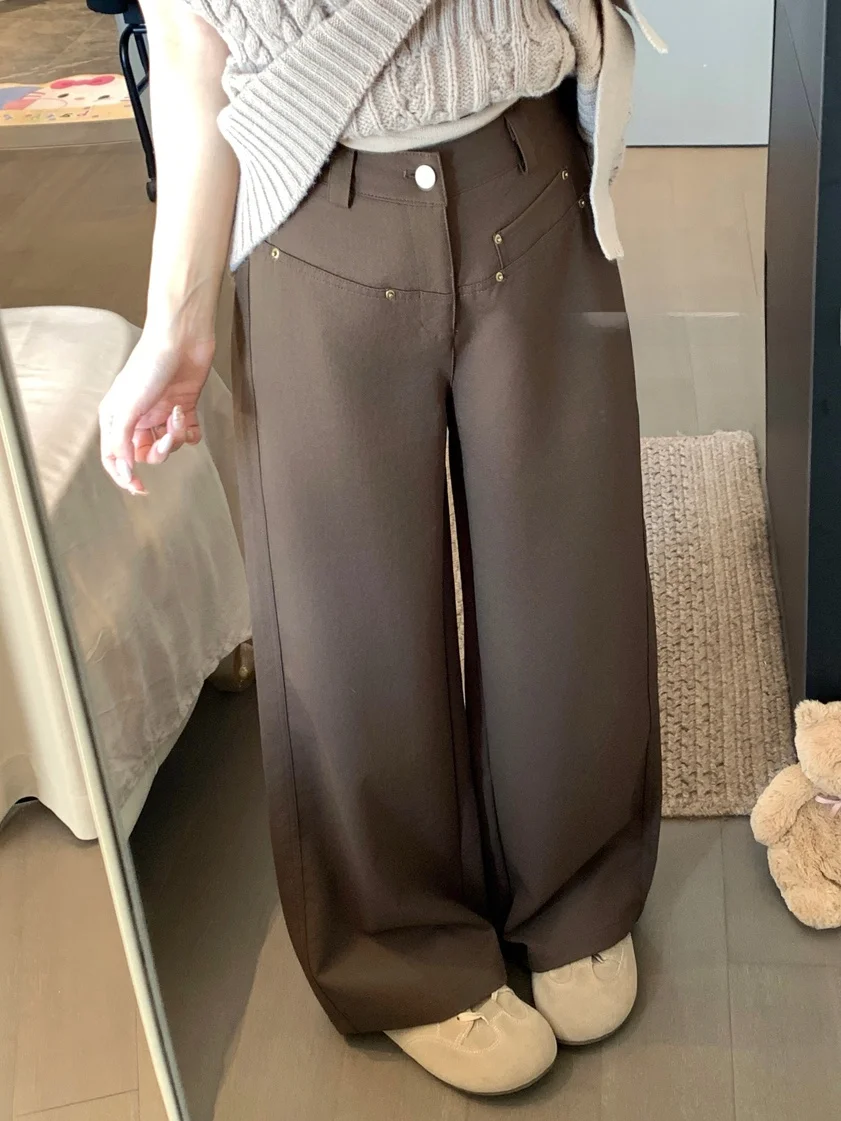

High Waist Loose Straight Leg Pants American Retro Coffee Color Casual Pants Women's Summer Elegant Slimming Long Trousers