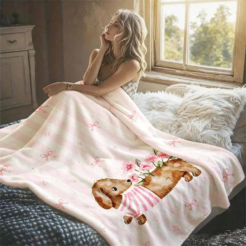 Pink Bow Dachshund Flannel Blanket Perfect for Sofa Office Bed Travel Sleep Read Relax Camping Four Season Use