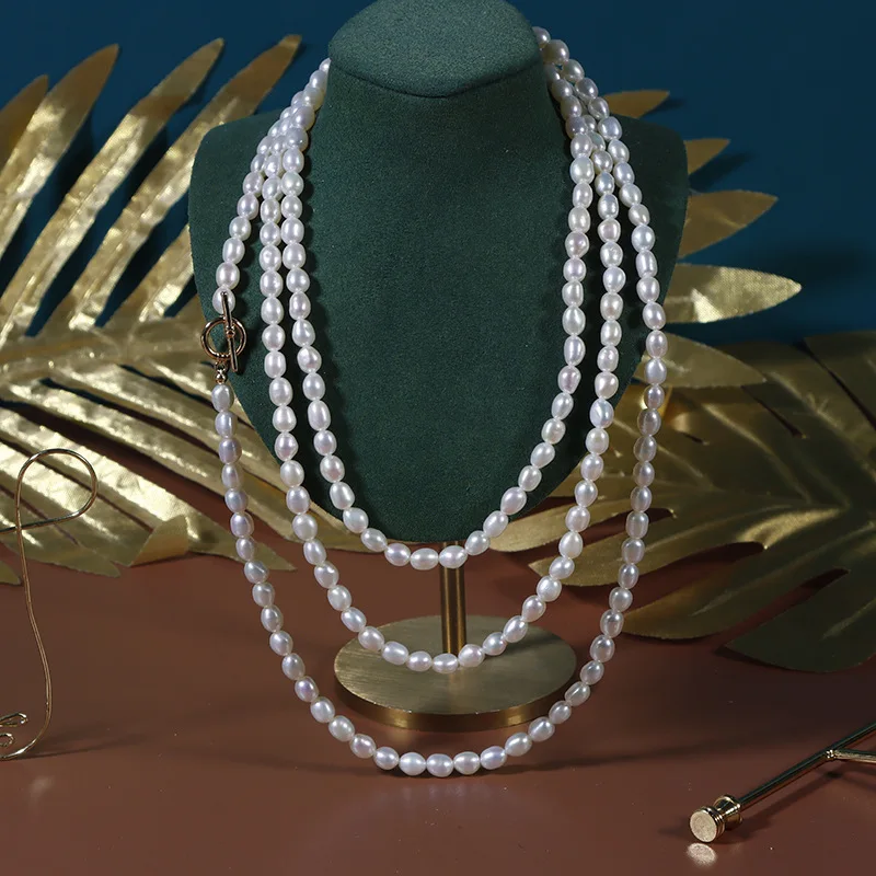 

120Cm Freshwater Pearl Necklace Women, White Rice-Shaped Multi-Layer Sweater Chain