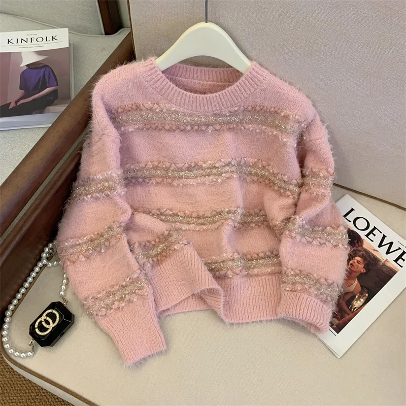 

Pink Striped Mink Fur Soft Glutinous For Women, 2023 Autumn And Winter New Item, Thick Knit Sweater Top