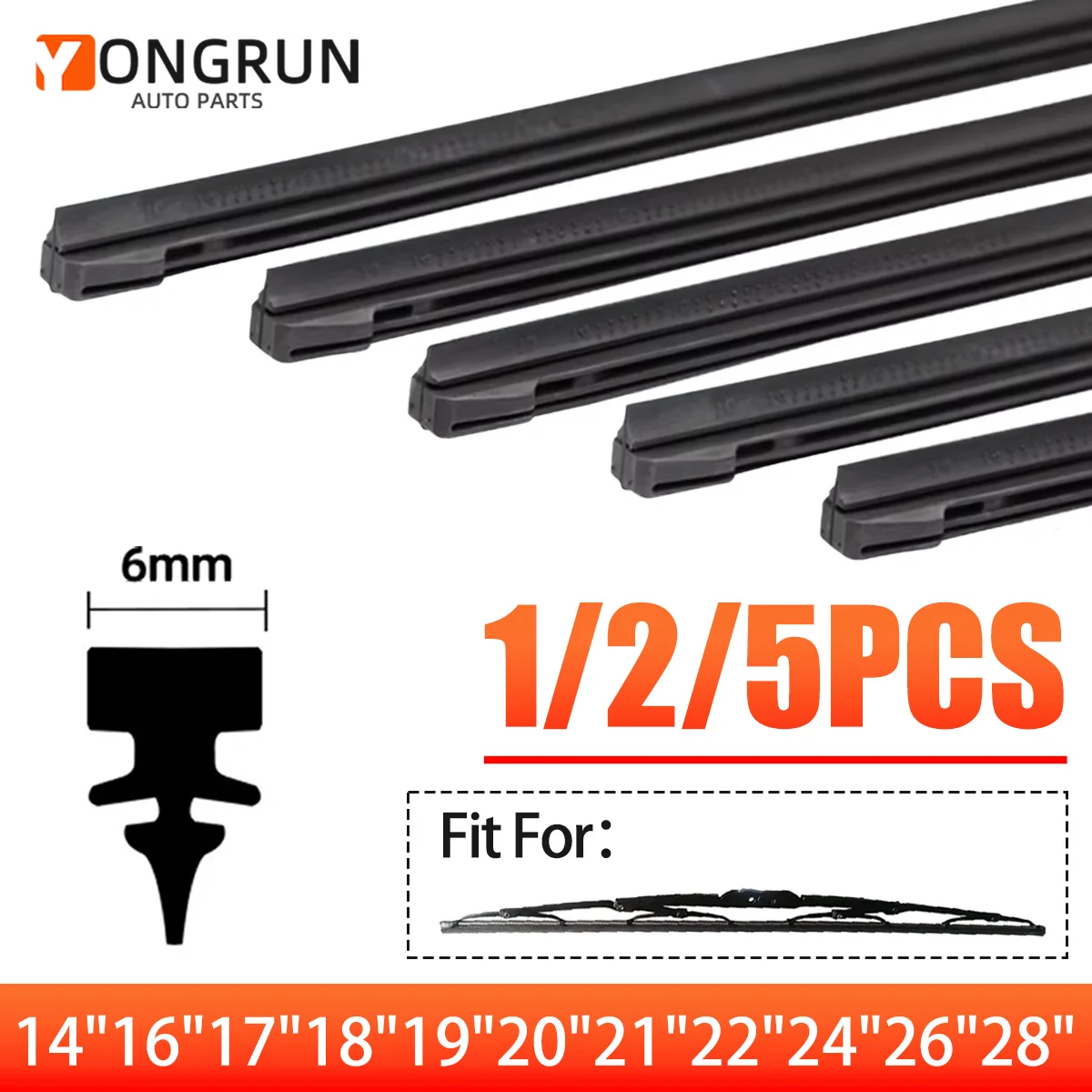 YONGRUN 1/2/5 Stück Gummistreifen, geeignet für Wischer mit Eisenrahmen, 14”, 16”, 17”, 18”, 19”, 20”, 21”, 22”, 24”, 26”, 28”, Auto-Windschutzscheibenwischer-Gummistreifen