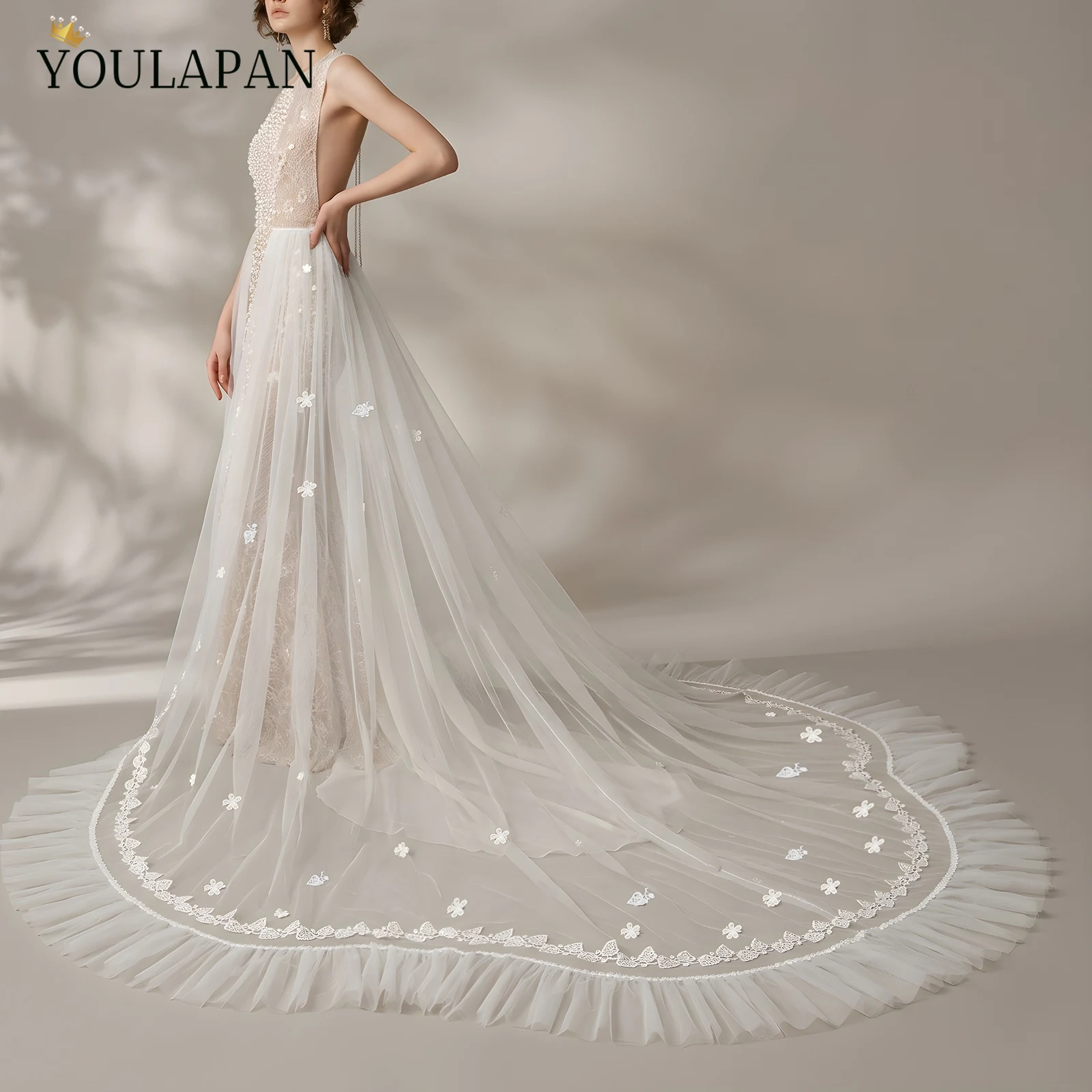 TOPQUEEN Lace Edge Ruffle Hem Bridal Overskirt White Tulle Detachable Overskirt Bridal Wedding Dress Overlay Skirt VB13