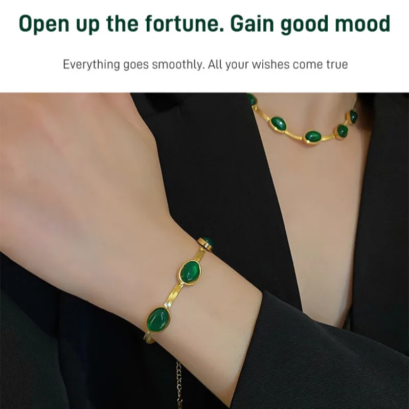 18k Gold Plated Emerald Necklace Earrings Bracelet Set For Women High Quality Fade Free