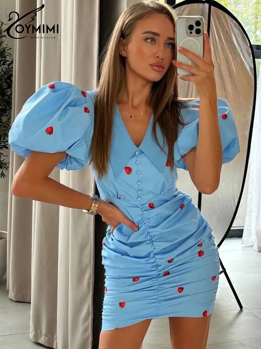 

Oymimi повседневные синие платья с принтом для женщин, модные однобортные платья с лацканами и пышными рукавами, элегантное тонкое плиссированное мини-платье