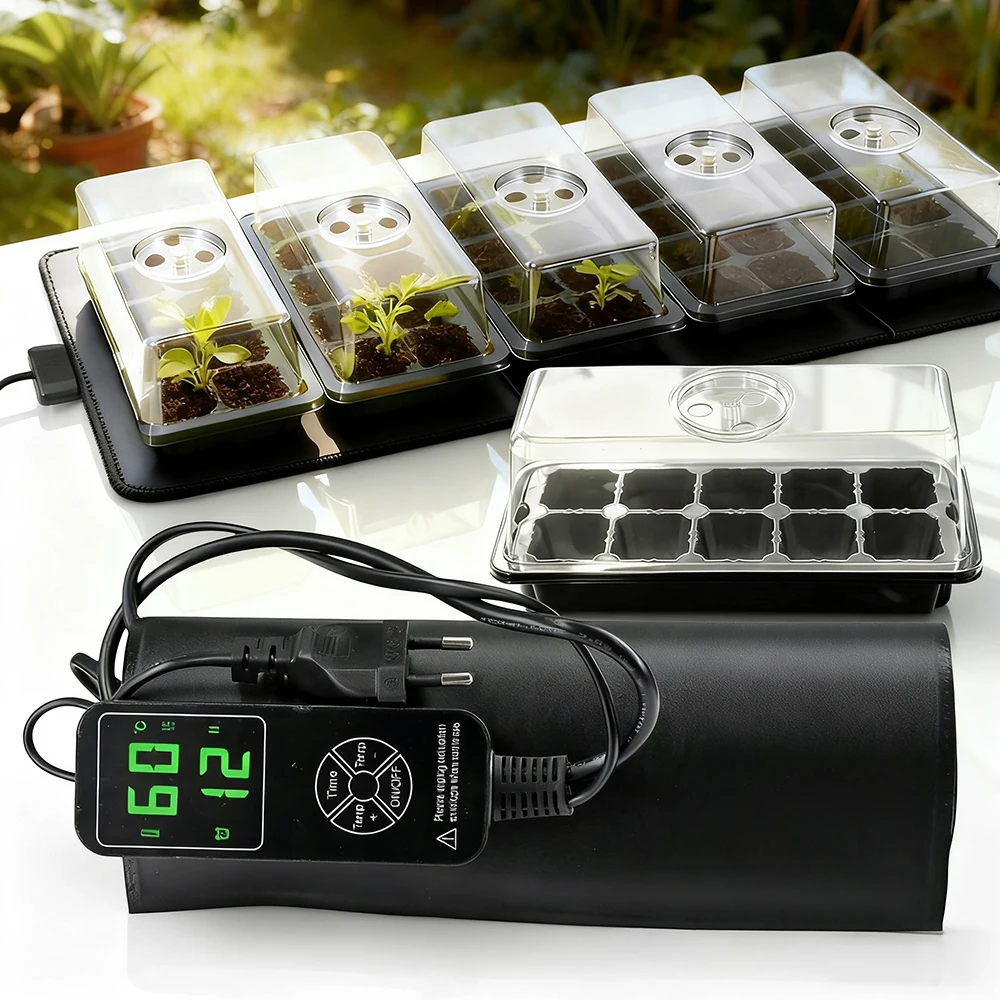 

Seedling Germination Kit 35W Waterproof Heat Mat w/ Digital Thermostat for Indoor Seed Starting 10 Cells Nursery Trays & Cover