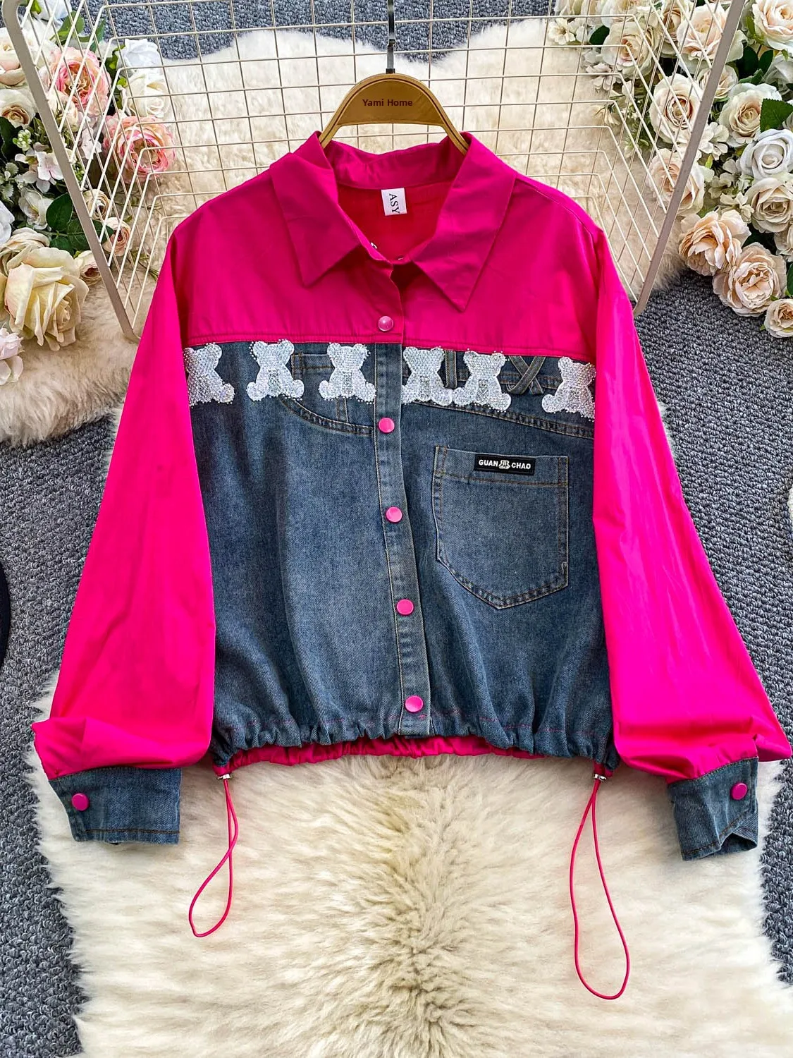 Retro Luxury Bear Collar Long Sve Diamond Studded Women's irt Slimming Denim Patchwork Top Ele Faionable Casual
