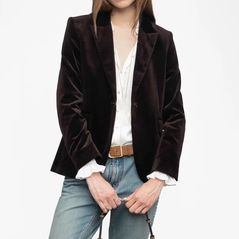 

Коричневый бархатный пиджак, женский элегантный костюм для торжественных случаев, однотонные черные пальто с лацканами, женский пиджак, женский повседневный пиджак с карманами