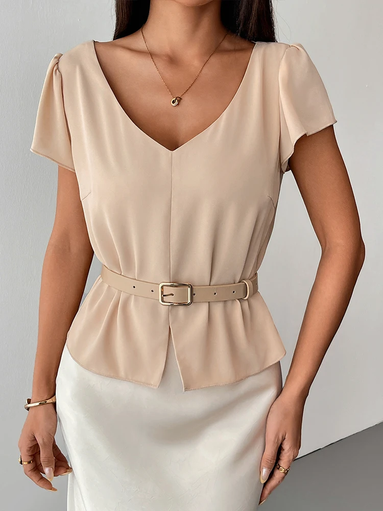 

Summer Women T-shirt New Streetwear Fashion Sashes Short Sleeve T-shirt Solid Sexy Lady V-neck Casual Slim Split Tees Clothing