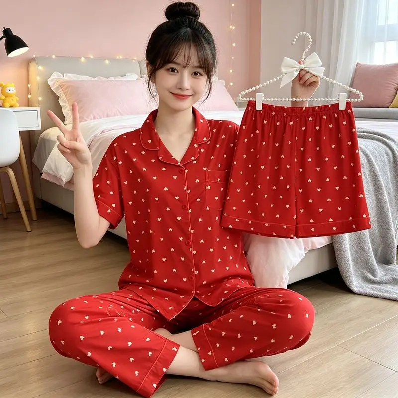 Women's 3 Piece Pajama Set Short Sleeve Long Pants & Shorts Heart Print Soft Cozy Sleepwear Loungewear Summer Nightwear Homewear