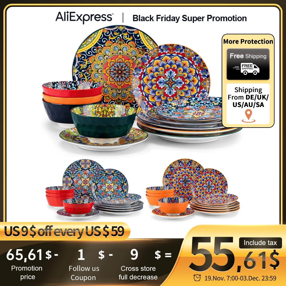 

vancasso 12/24 Piece New Bohemian Ceramic Dinnerware Plates Porcelain Plates Dinner Set with 4pcs Dinner Plate/Dessert/Bowl