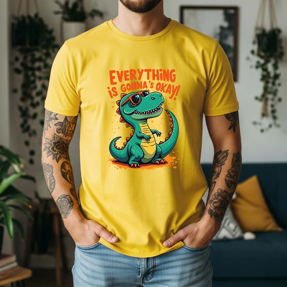 New Summer Men's 100% Cotton T-Shirt Retro Cartoon Positive Dinosaur Casual Breathable Short Sleeve Daily Wear