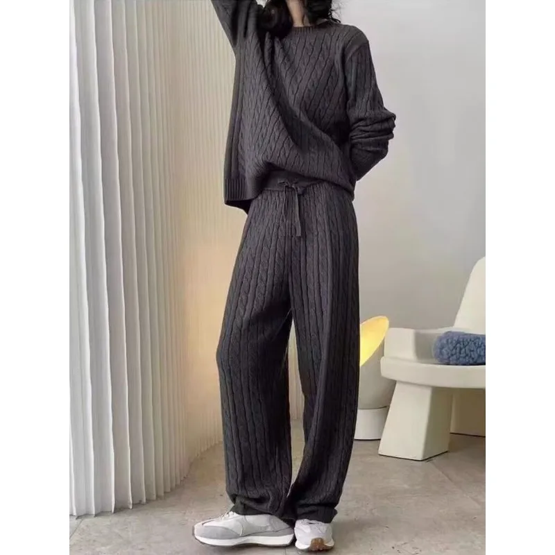 Fall Winter Casual Soft Knit O-neck Sweater Straight-leg Pants Loose-fitting Versatile Knit Two-piece Set Women Outfit Pants Set
