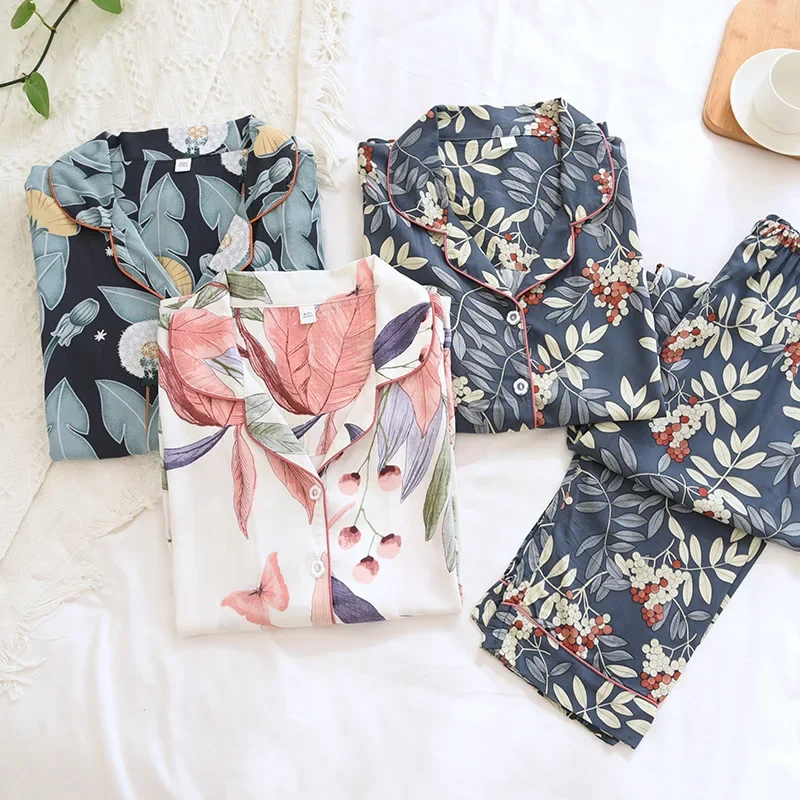 Summer / Autumn Long-sleeved Trousers Pajamas for Women Simple Style Viscose Thin 2 Piece Set Cotton Silk Print Lapel Sleepwear