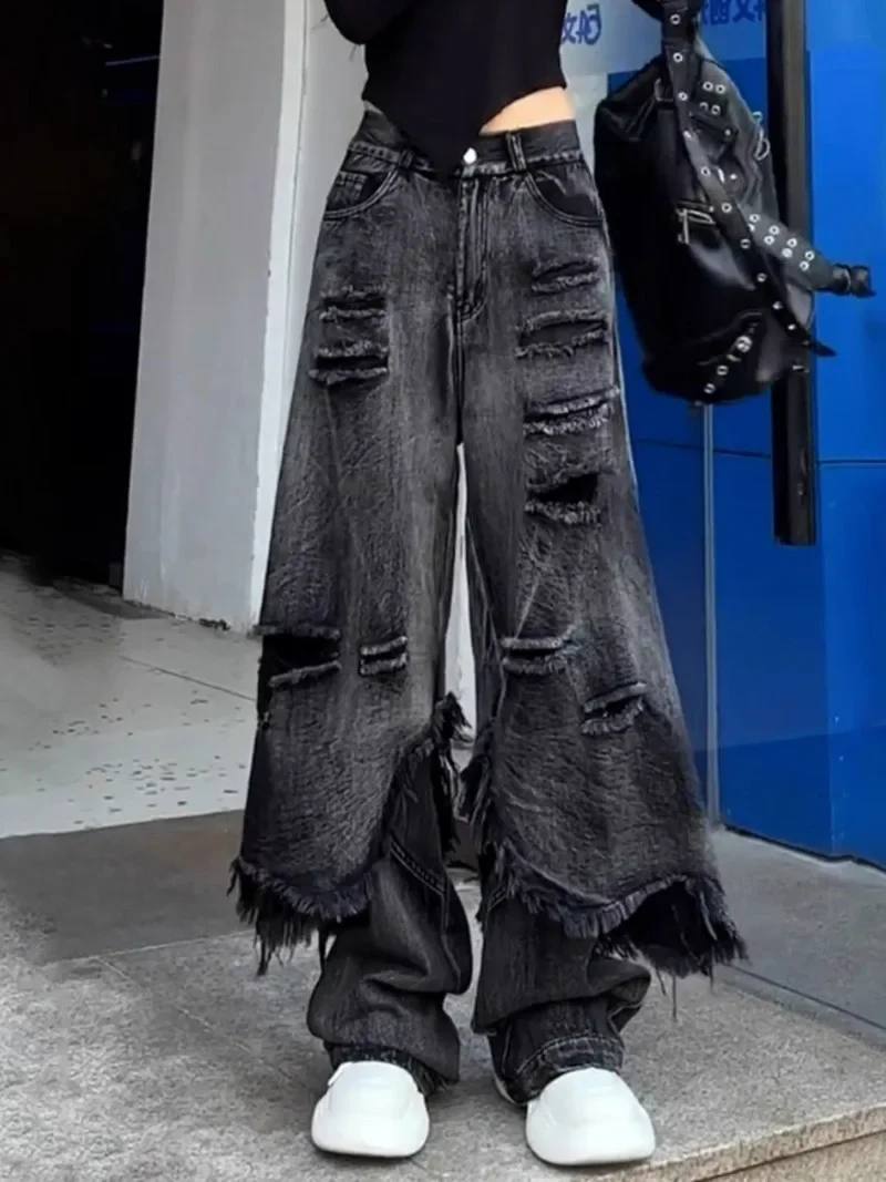 

American Gothic Streetwear Loose Denim Pant Y2k Aesthetic Vintage Hole Lrregular Baggy Wide Leg Trousers Harajuku Tassel Pants