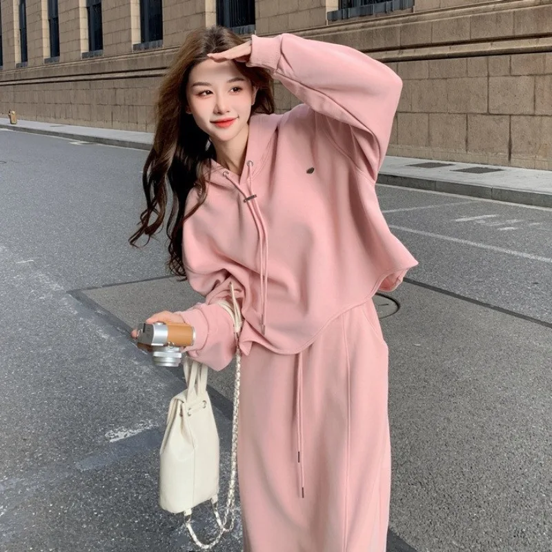 Fashionable Pink Suit Women's Autumn and Winter New Item Casual Loose Slimming Temperament Half Skirt Two-piece Set